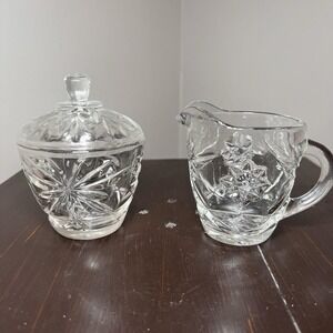 Vintage Anchor Hocking PRESCUT Star Sugar Bowl w/lid‎ And Creamer Set Glass